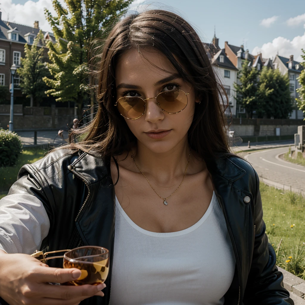 Give me image of the woman, alone, traveling in belgium with sunglasses