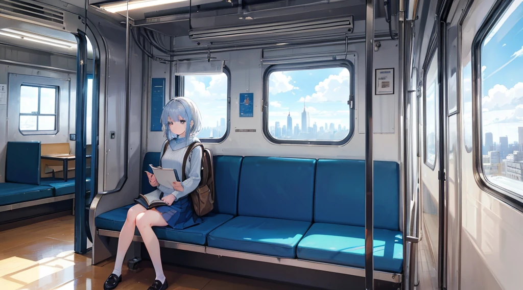 A young girl sits alone on a blue train, gripping a white book. The train's interior is bathed in a cool blue hue, with light wooden flooring and a large window revealing a cityscape outside. The girl's expression is one of deep concentration, as if she's lost in the pages of the book. She's wearing a blue sweater and a white skirt, with a beige backpack next to her on the bench. The window shows a city skyline, with the top of a tall building just visible. The weather outside appears to be sunny, with a few clouds scattered across the sky.#Makoto Shinkai's Style