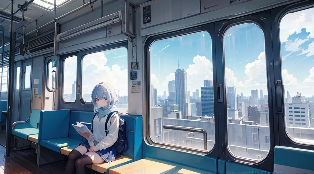 A young girl sits alone on a blue train, gripping a white book. The train's interior is bathed in a cool blue hue, with light wooden flooring and a large window revealing a cityscape outside. The girl's expression is one of deep concentration, as if she's lost in the pages of the book. She's wearing a blue sweater and a white skirt, with a beige backpack next to her on the bench. The window shows a city skyline, with the top of a tall building just visible. The weather outside appears to be sunny, with a few clouds scattered across the sky.#Makoto Shinkai's Style