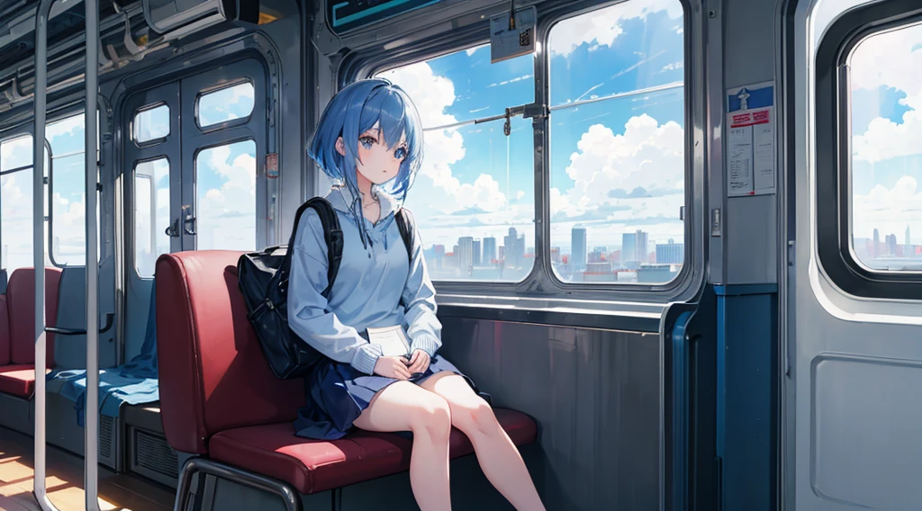 A young girl sits alone on a blue train, gripping a white book. The train's interior is bathed in a cool blue hue, with light wooden flooring and a large window revealing a cityscape outside. The girl's expression is one of deep concentration, as if she's lost in the pages of the book. She's wearing a blue sweater and a white skirt, with a beige backpack next to her on the bench. The window shows a city skyline, with the top of a tall building just visible. The weather outside appears to be sunny, with a few clouds scattered across the sky.#Makoto Shinkai's Style