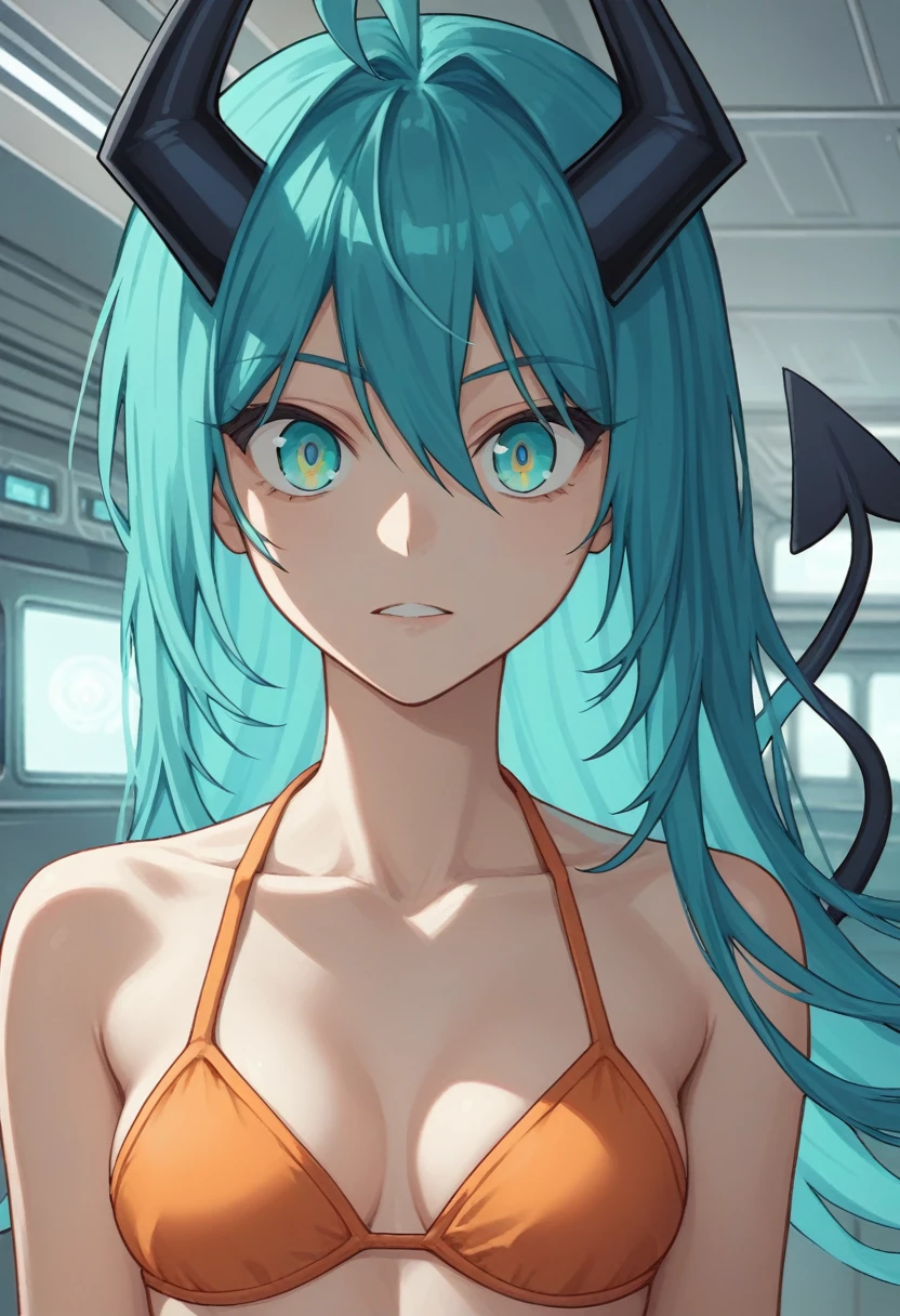 score_9, score_8_up, score_7_up,1 daemon woman, black demon horns, black demon tail, (aquamarine hair),aquamarine green color hair,ahoge, long hair, (long hair),bangs, light orange bikini, bikini is orange, bikini orange, orange bikini!, (aquamarine eyes), background is spaceship, aquamarine eyes, 1woman ,facing viewer, daemon girl, close up,Well-endowed, alone, Spacecraft interior