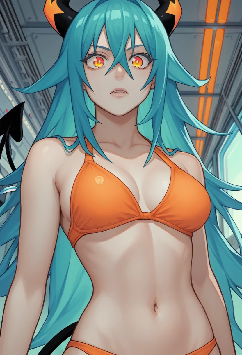 score_9, score_8_up, score_7_up,1 daemon woman, black demon horns, black demon tail, (aquamarine hair),aquamarine green color hair,ahoge, long hair, (long hair),bangs, light orange bikini, bikini is orange, bikini orange, orange bikini!, (aquamarine eyes), background is spaceship, aquamarine eyes, 1woman ,facing viewer, daemon girl, close up,Well-endowed, alone, Spacecraft interior