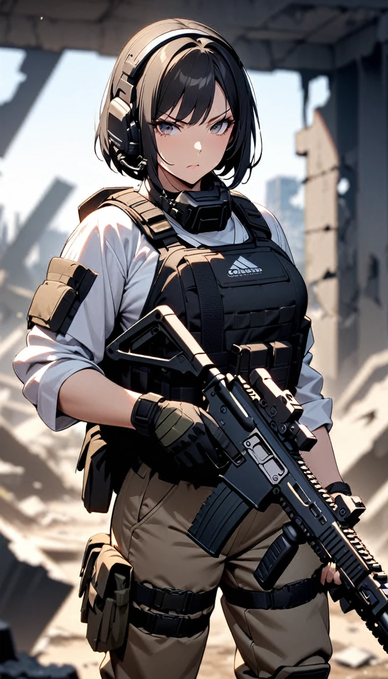 ((masterpiece)),((top quality)),((A high resolution)),((Very detailed)),one woman,48 years old,mature woman,Japanese,black hair,Short Bob,Beautiful eyes,Long eyelashes,beautiful hair,Beautiful skin,Serious,BREAK(((a gun))),a gun,White shirt,black body armor, combat boots, Black Tactical Forster,tactical headset,(Background - ruins of ruins.),(((Blur background)))