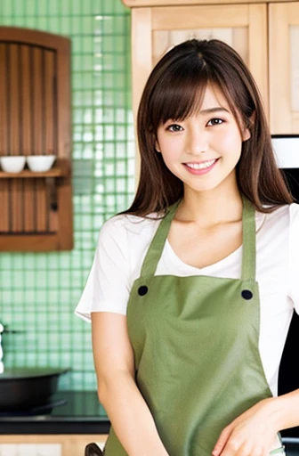 Realistic Japanese woman wearing a brown apron cooking fried eggs in a frying pan, Cooking, White T-shirt, Young and cute gravure idol, Young and sexy gravure idol, Beautiful Japanese woman's face, For whom?, Realistic young gravure idol, Brown Hair, Semi-short hair,