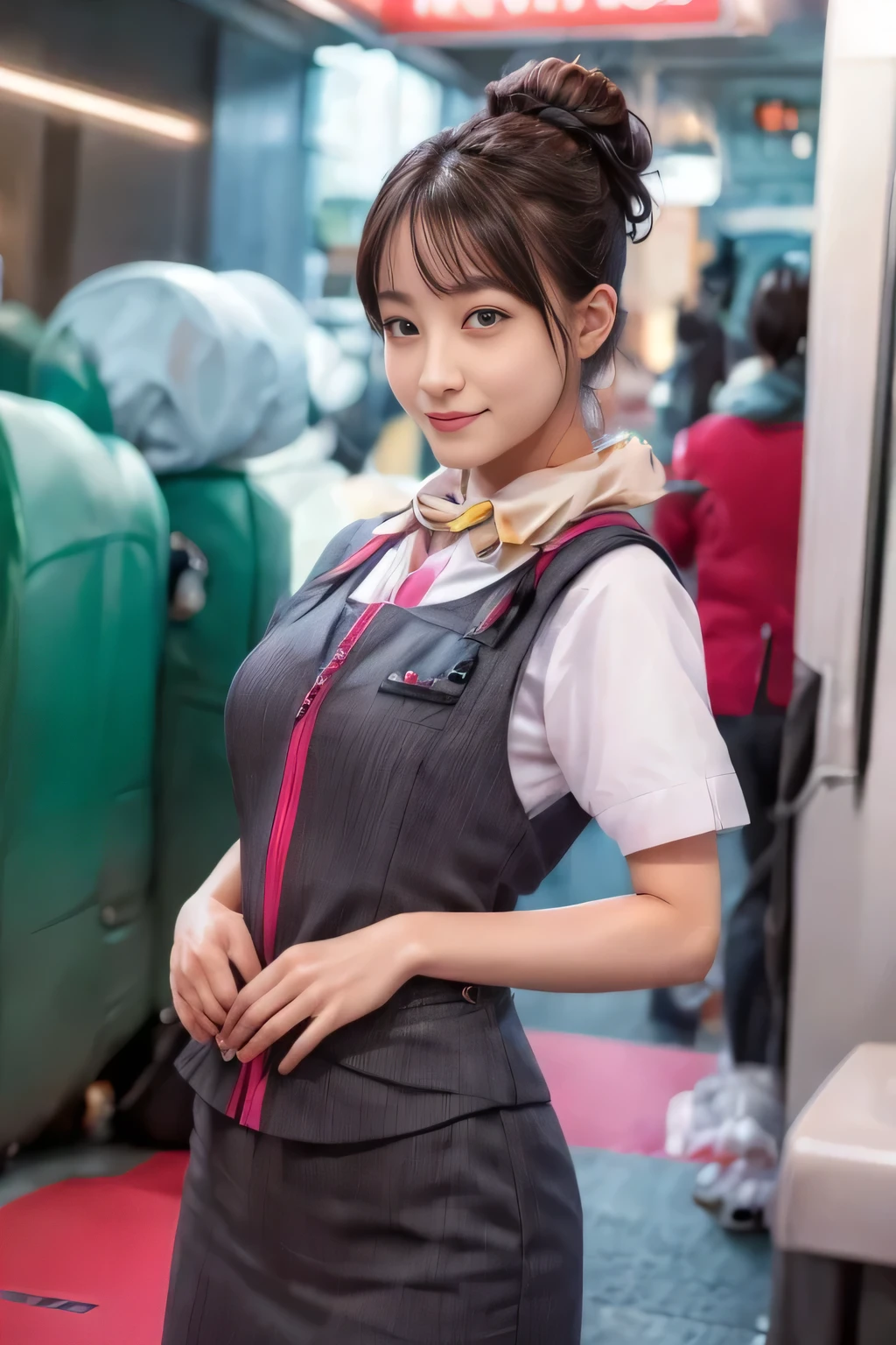 (masterpiece:1.2, Highest quality:1.2), 32k HDR, High resolution, (alone、One girl)、(At the station platform、Professional Lighting)、Empty train station platform background、(Realistic style of JR Gran Class crew uniform)、Short sleeve blouse、a scarf around the neck、(JR Gran Class flight attendant uniform with pink parts on the skirt sleeves)、(The uniform of a flight attendant in JR Gran Class has a pink line on the front zipper of the vest.)、Dark brown hair、(Chignon、Hair tied up)、Dark brown hair、Long Shot、Big Breasts、((Great hands:2.0)),((Harmonious body proportions:1.5)),((Normal limbs:2.0)),((Normal finger:2.0)),((Delicate eyes:2.0)),((Normal eyes:2.0)))、Big Breasts、Luxury Necklace、smile、Beautiful standing posture,Place your hands around your stomach