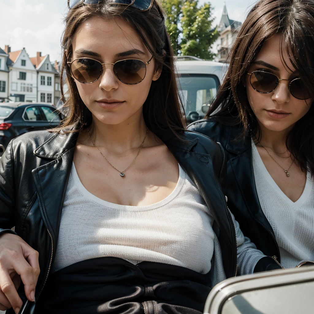 Give me image of the woman, alone, traveling in belgium with sunglasses