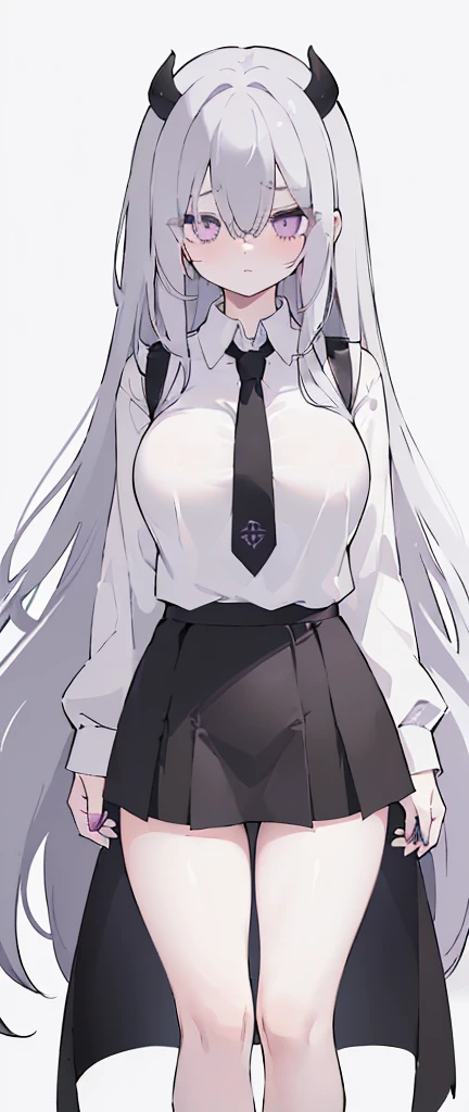 best quality,masterpiece,white background,white shirt,short pleated skirt,whole body,Fair skin,blunt bangs,gladient hair,loosen clothing around the neck,folding arms,look down on,standing up,extremely long hair,spreading hair,ivory hair,spreading legs,loafers,over knee socks,black socks,troll face