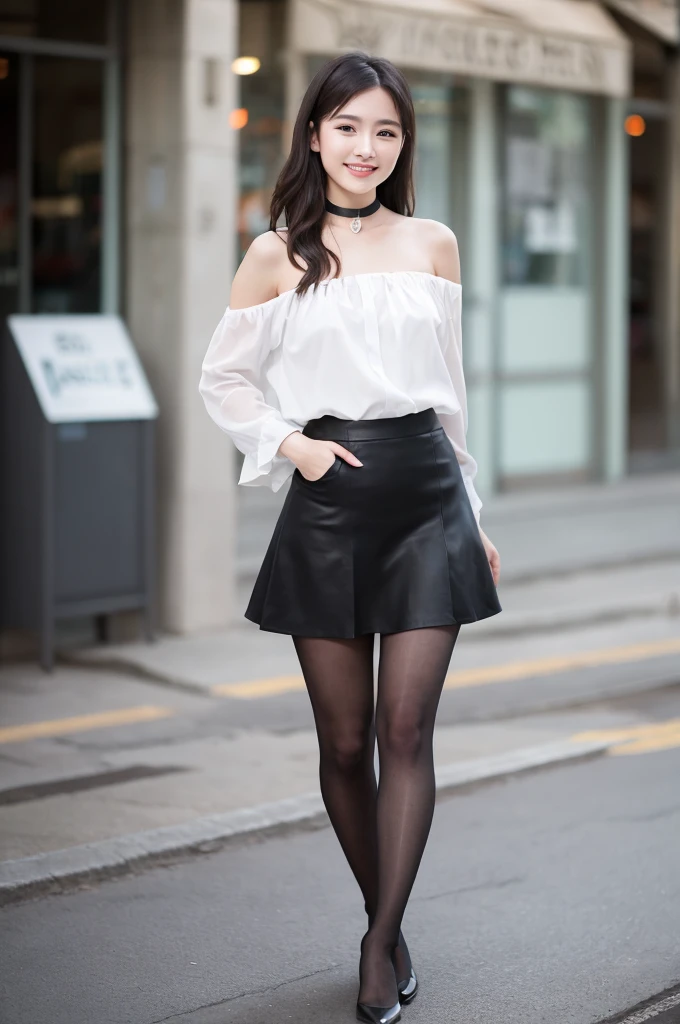 ulzzang-6500-v1.1, (RAW Photos:1.2), (Photorealistic), Beautiful detailed girl, (Genuine: 1.4), Very detailedな目と顔, Beautiful and fine details,  (Strapless blouse, flare skirt, Ultra-realistic pantyhose:1.2, Black choker)、Esbian all over、 (A very loving smile:1.2)、Large file size, High resolution, Very detailed, Highest quality, [masterpiece:1.6], Awareness-raising, Very detailed,  In detail, Highest quality, 8k wallpaper, Cinema Lighting, One Girl, 17 years old, Perfect figure, Cute droopy eyes、Beautiful big eyes、 ((masterpiece)), Highest quality, One Girl, eye shadow, Upper Body, Portraiture, ((Full Body Shot:1.6))、