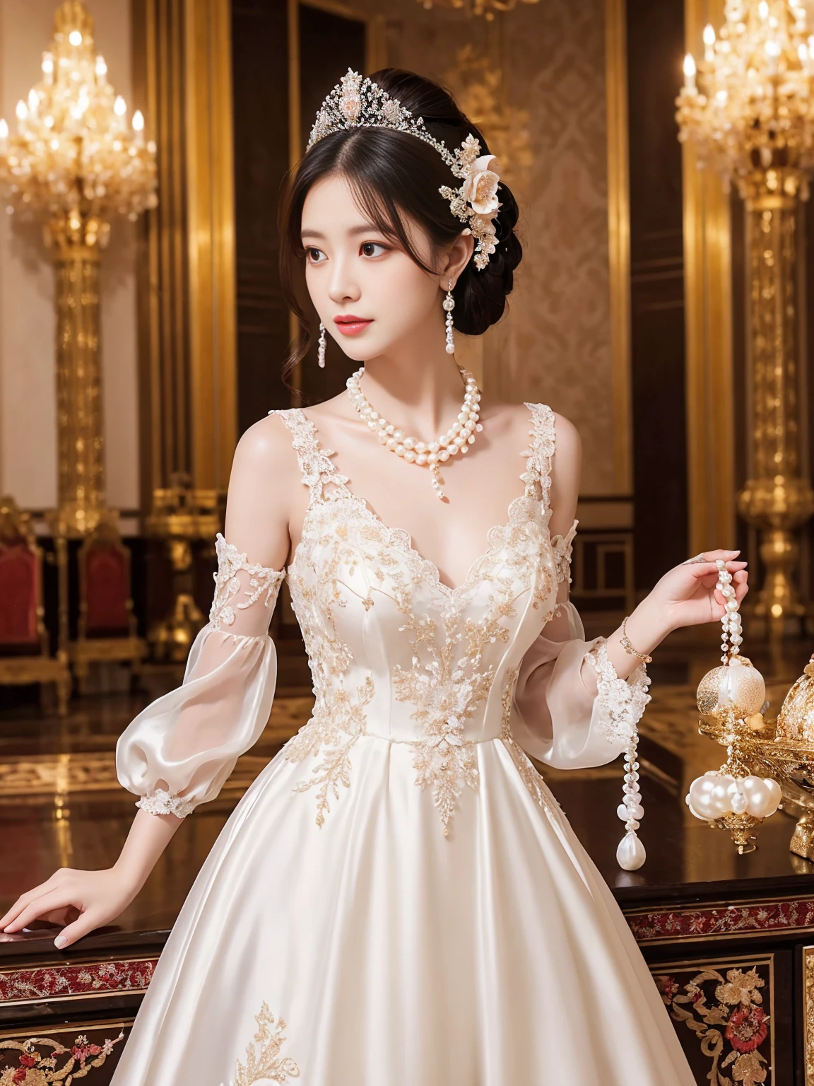 A ball held in a palace, a luxurious and formal atmosphere, a white dress, a silk dress, an empire dress, lace and jewelry decorations, embroidery decorations, a pearl necklace, pearl earrings, shiny hair pins, a ball gown for a feminine woman.