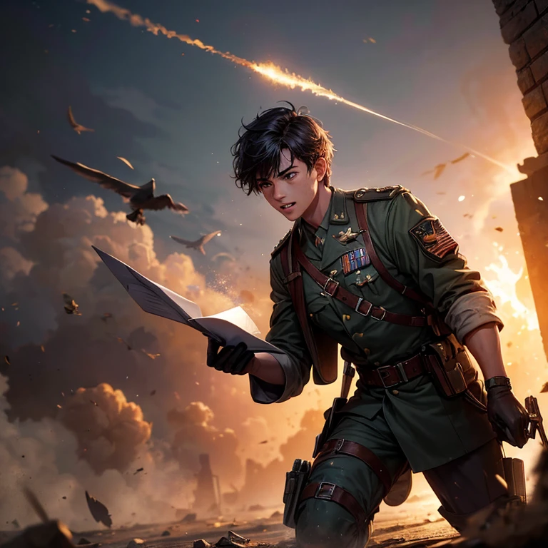 a young man on the battlefield, receiving a letter by a messenger pigeon, overjoyed and not noticing the bullets flying around him, with an explosion nearby, highly detailed, cinematic, dramatic lighting, realistic, photorealistic, 8k, hyper detailed, intricate, volumetric lighting, dynamic composition, emotional, impactful, war scene, wartime environment, dust, debris, smoke, gritty, war-torn, military uniform, intense, suspense, awe-inspiring