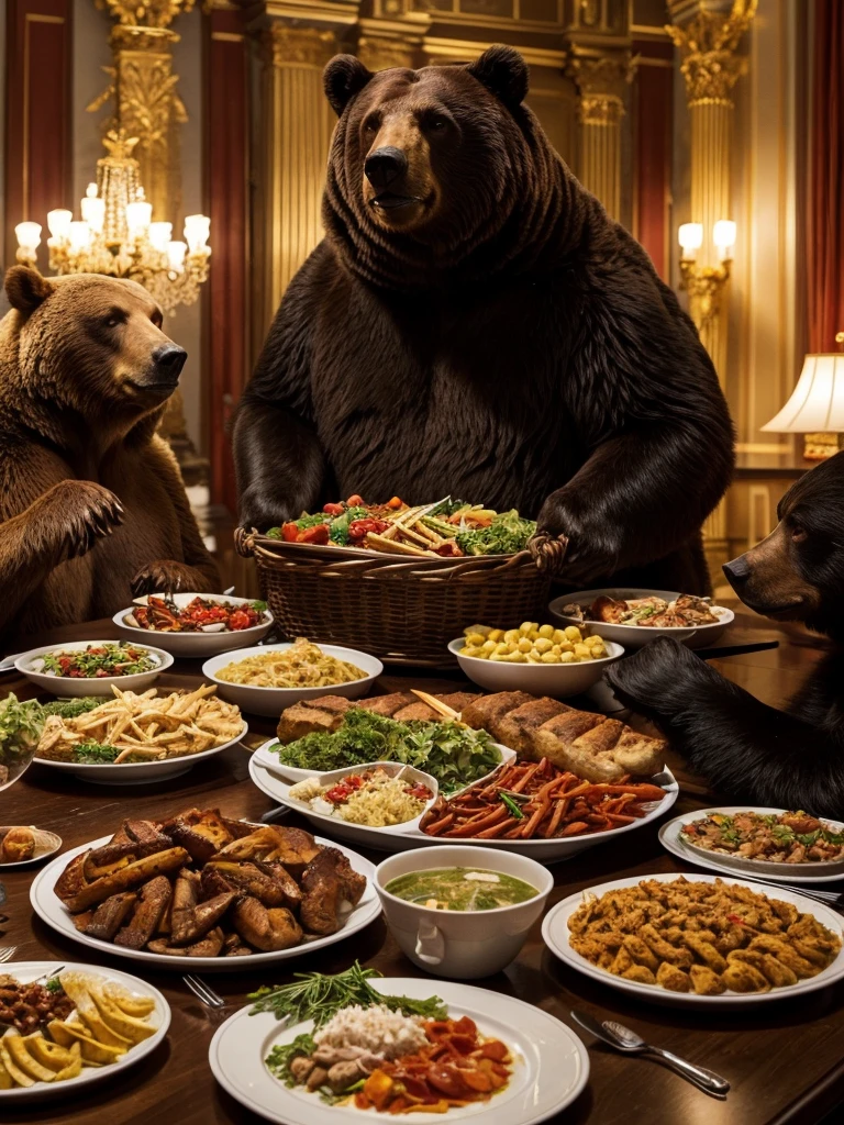 picture of a very large feast in Russia with two bears and the Kremlin.