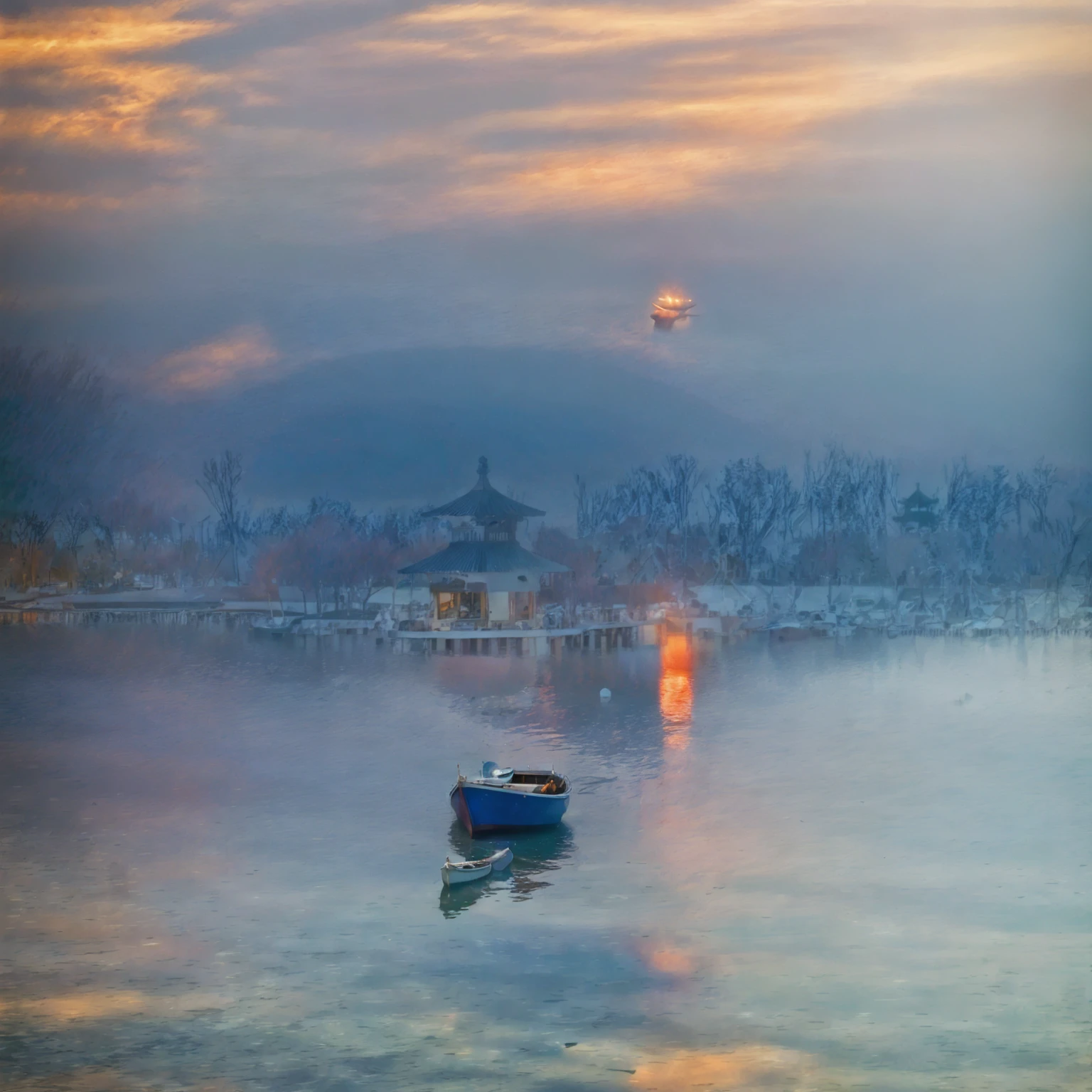 Long exposure photography，Award-winning photography，Practical，In waters with boats，Sunset, ，stunning lighting, Abstract， Claude Monet，Abstract，photography，high quality，blue，orange，Sunset，Beautiful scenery，photo，photoPractical，RAW，International Gold Award，National Geographic，A pond of blooming lotus