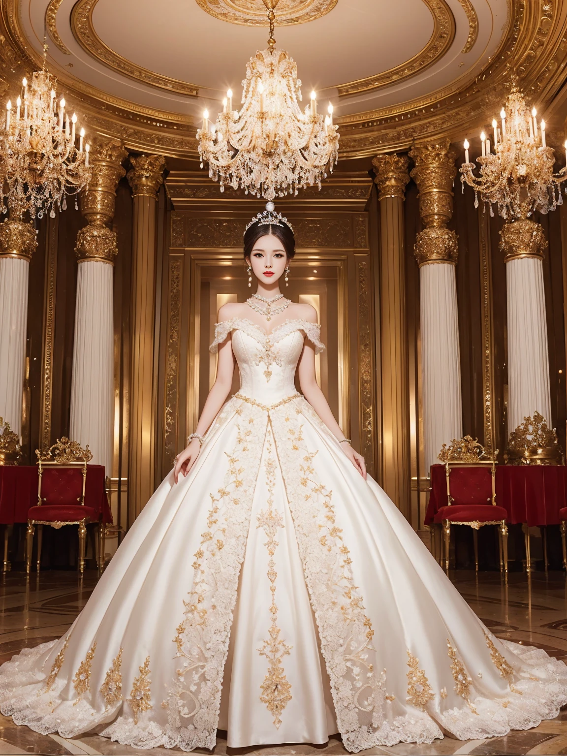 A ball held in a palace, a luxurious and formal atmosphere, a white dress, a silk dress, an empire dress, lace and jewelry decorations, embroidery decorations, a pearl necklace, pearl earrings, shiny hair pins, a ball gown for a feminine woman.