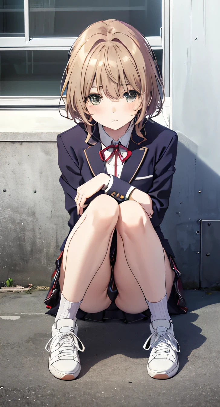 Highest quality, masterpiece, High resolution, (Head to Toe full body), front, frontComposition from slightly below, Symmetric, Tall 18 year old girl, alone, (Head to Toe), (Small breasts), Unkempt brown hair, bangs, (sneakers),(socks) (Sit with your legs apart), (Crouching pose), (Sit on the floor with your legs spread), (M-shaped feet),、 Thin legs, Very beautiful tall 18 year old girl, (), blush, Shy big eyes, Looking into the camera, blazer uniform, Checkered Pleated Skirt