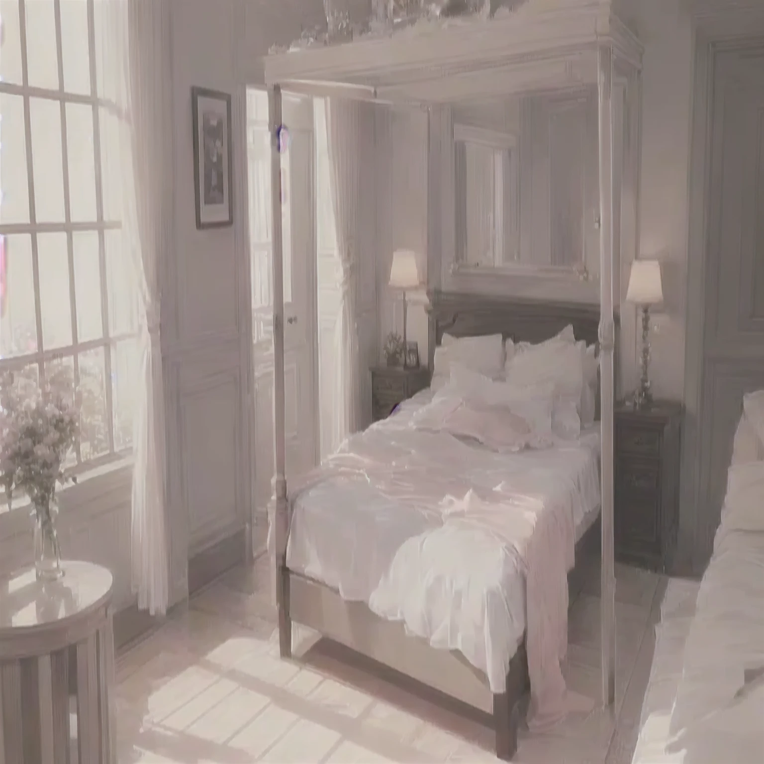 there is a bed with a canopy in a room with a window, bedroom background, soft light atmosphere, Soft morning lighting, Pale pink, dim bedroom, bed room, Soft morning light, bed, soft light dull mood, bedroom, Soft colors, a sunny bedroom, Natural light in the room, Photorealistic Room, Soft aesthetics, Cream colored room