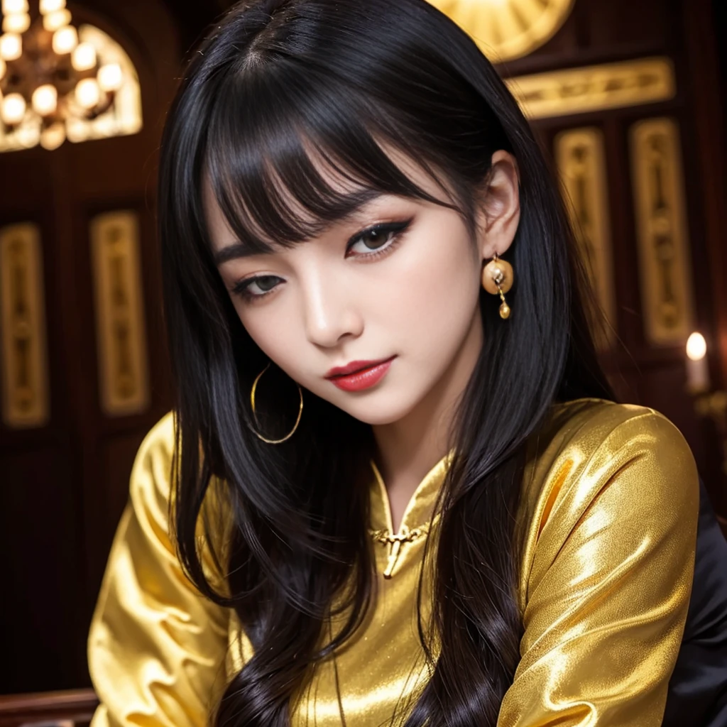tra-detailed、Japanese、attractive beauty、seductive adult woman、pretty woman、piercing eyes、cool girl、wavy hair、swept bangs、Long Black and Gold Cheongsam、wide sleeves、Evil cadres、evil depravity、brainwash、mind control、lipstick、lip gloss、dark makeup、smirk、whisper in your ear、Evil expression、evil、hollow eyes,half-closed eyes、empty eyes、evil、church at night、vampire、succubus、vampire、Swear allegiance、sexy pose、hair ornaments、