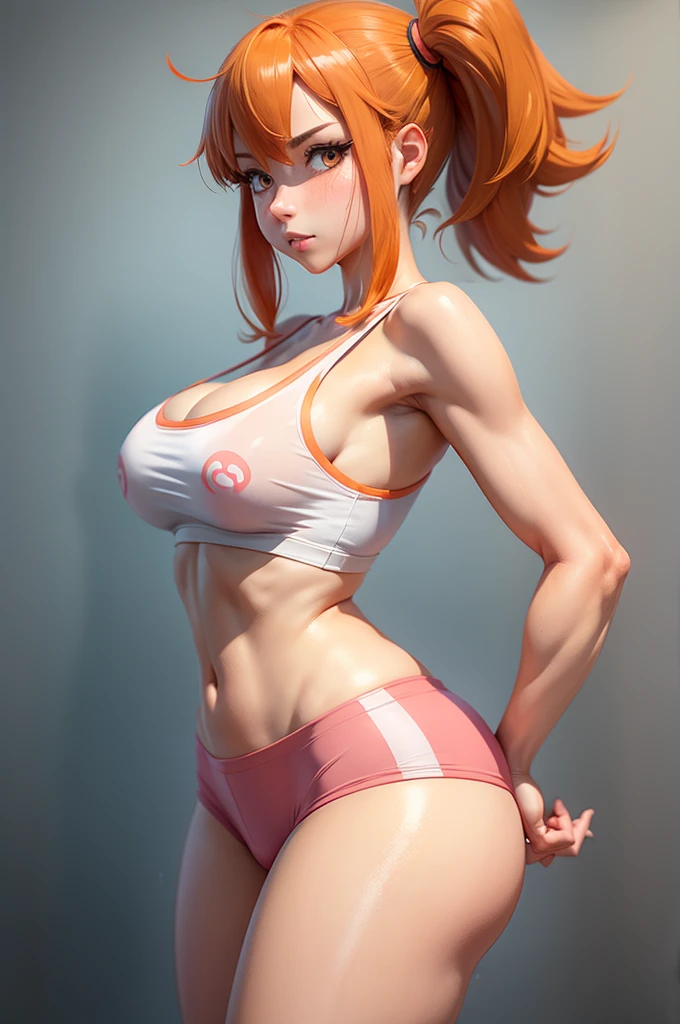 Misty(pokemon),solo,,medium breast,actual clothes,thick thighs,wet,orange hair,blush,slim,oiled up,