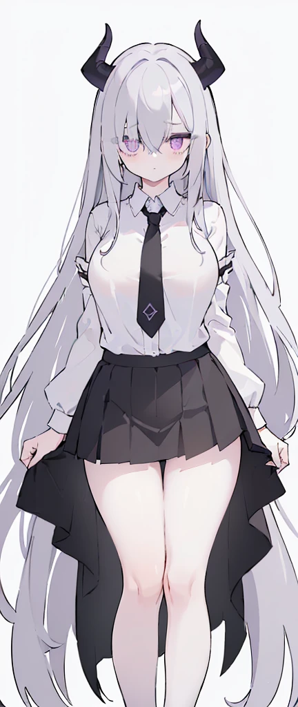 (((Long White hair))),White hair,kawai,(((Eyes visible from bangs,hair over eyes:1.3))),,Huge breasts,(purple color eyes),,(purple slanted eyes),1girl in,bangs,long White hair, pantyhose,Cowboy Shot,white background,Straight hair hair,(On both sides of the head has sharp black devil horns) ((head bowed pose)) Ter's hair flows straight down, has two sharp black horns (slant purple eyes) (((wearing a perfect white shirt))) white shirt sleeves should be folded to the elbows ((Don't wear any ties (wear a long black skirt, both sides of the skirt are split The other two sides of the skirt are split (showing her bare thighs) Long black skirt split at the thighs, perfect white shirt, no accessories like a tie (sexy body) Bare thighs without wearing any socks, The character's body is visible from head to ankle