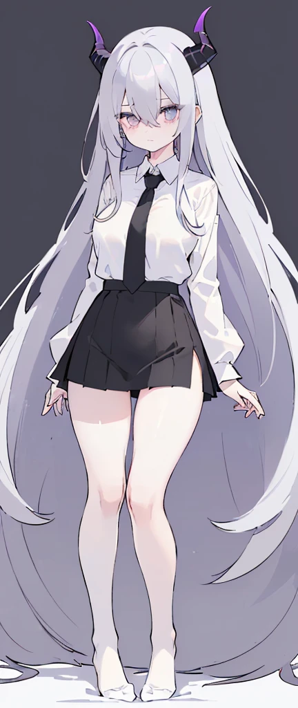 (((Long grey hair))),grey hair,kawai,(((Eyes visible from bangs,hair over eyes:1.3))),,Huge breasts,(purple color eyes),,(purple slanted eyes),1girl in,bangs,grey hair, pantyhose,Cowboy Shot,white background,Straight hair hair,(On both sides of the head has sharp black devil horns) ((head bowed pose)) Ter's hair flows straight down, has two sharp black horns The long ends of her hair reach her hips (slant purple eyes) (((wearing a perfect white shirt))) white shirt sleeves should be folded to the elbows ((Don't wear any ties (wear a long black skirt, both sides of the skirt are split The other two sides of the skirt are split (showing her bare thighs) Long black skirt split at the thighs, perfect white shirt, no accessories like a tie (sexy body) Bare thighs without wearing any socks, The character's body is visible from head to ankle, ((Tall slim perfect body)) (tight black skirt)