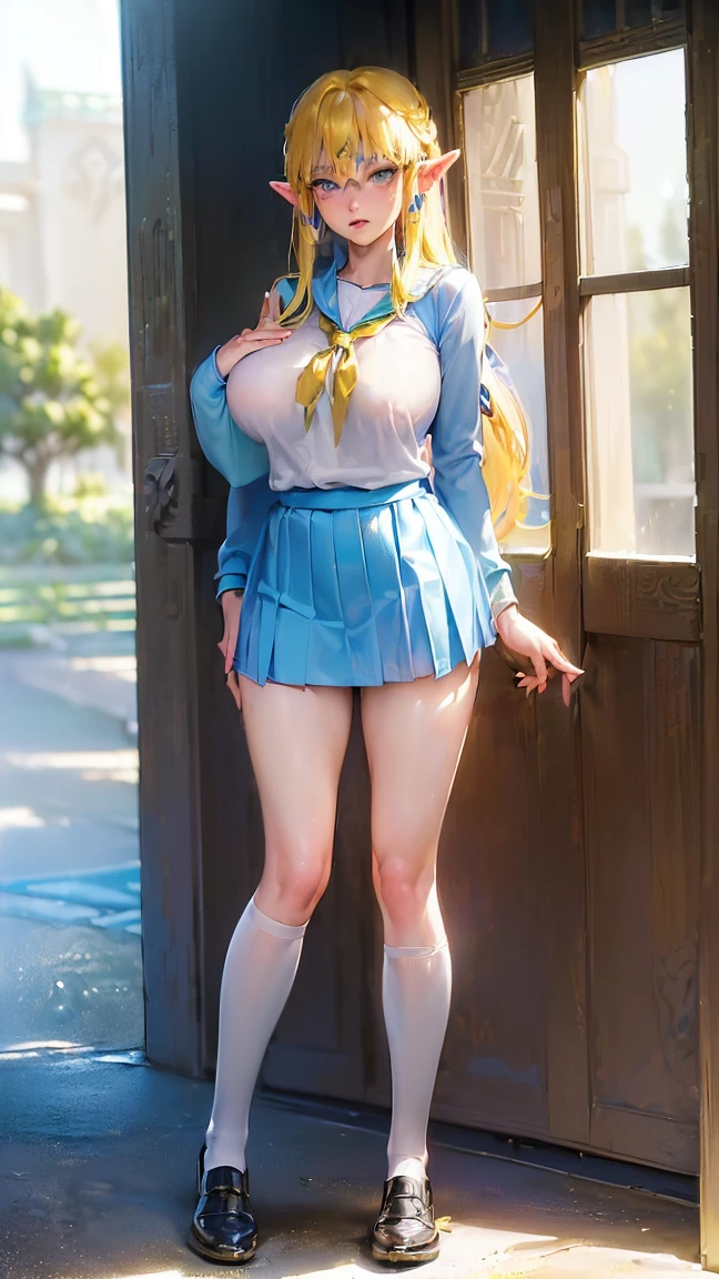 (((link(the legend of the zelda and school uniform covered full body))),((gender bender,yellow hair,blue_eyes,cowboy shot,hair between eyes)),((link(the legend of the zelda) is a milf and ,42 years old,huge :1.5,school uniform covered full body))