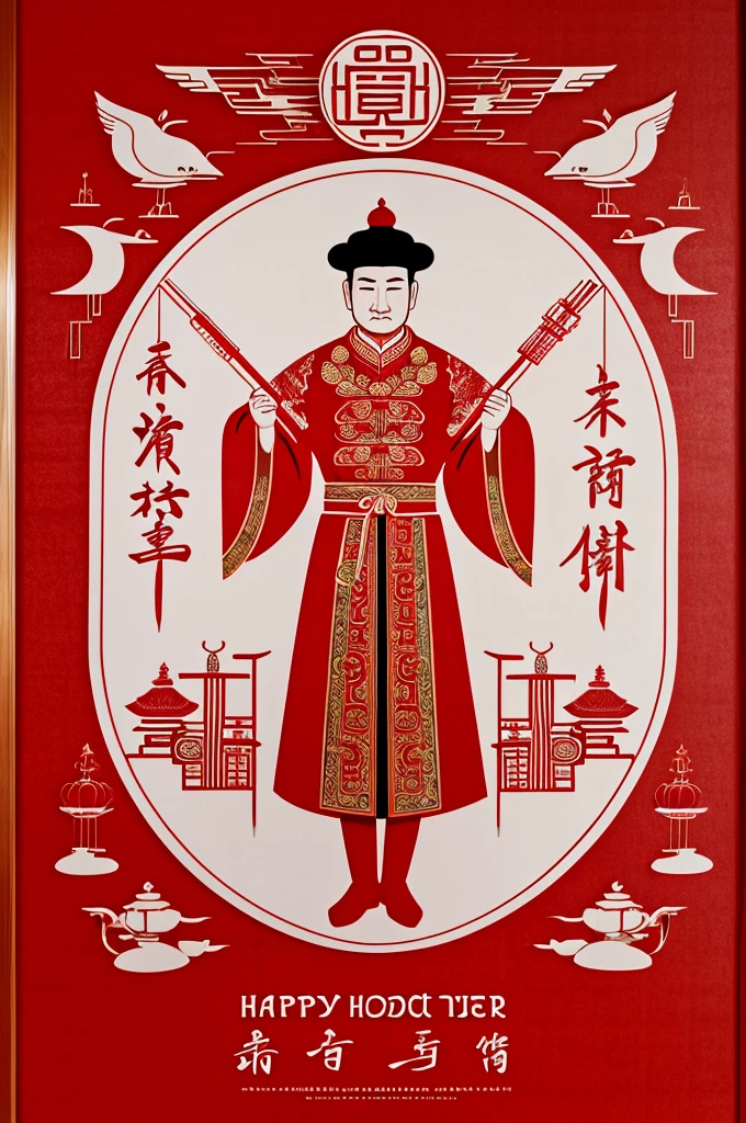 Kitchen God,God of Wealth,Door God,Chinese style,Traditional paper cutting,New Year Pictures,Red hue,symmetry,geometry,Folklore,中国Door God,poster,flat,HD