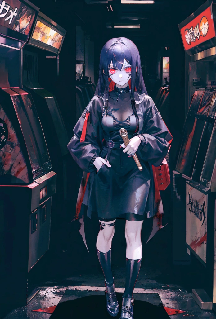 The image depicts a character, a sinister anime character with a cunning yet created aura. She is bloody, holding a knife and feeling deranged, resulting in anxiety and fear. The sight of ten at the same time is sexually exciting. Figure ragged but modern clothes in arcade, casual and street style. despite its dark nature, there is hidden beauty.
