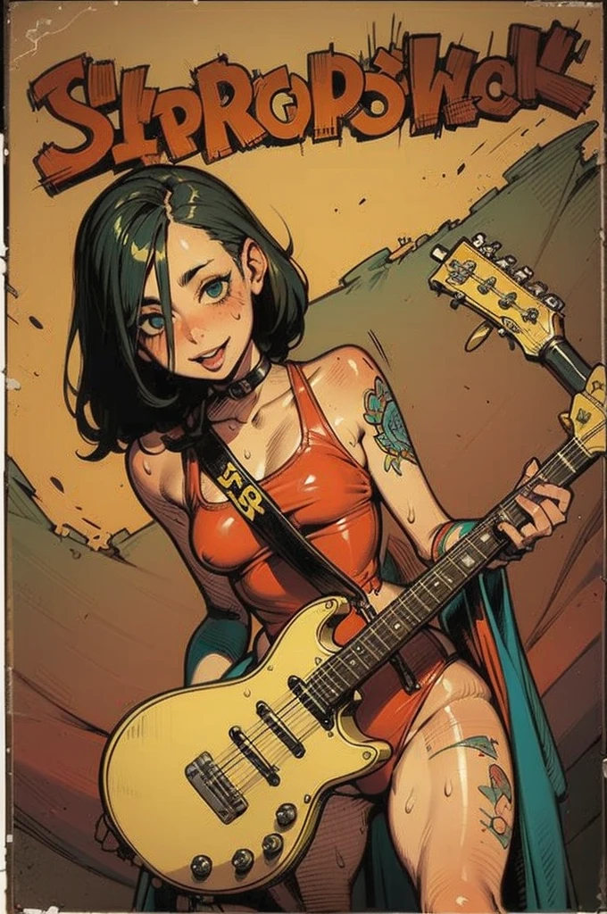 Alice in Wonderland、
((Hardcore Punk Girl))、((British punk rock girl)), ((Circus)), ((play the guitar)),Manga Style, Horror elements, Comic style illustration, (drawing style), Japanese painting, whole body (spooky), Japan sculpture, primitive art, Circus, crazy illustration, Flat Illustration, Blissful smile, spookyな外観, Distinctive messy hairstyle, punk band poster