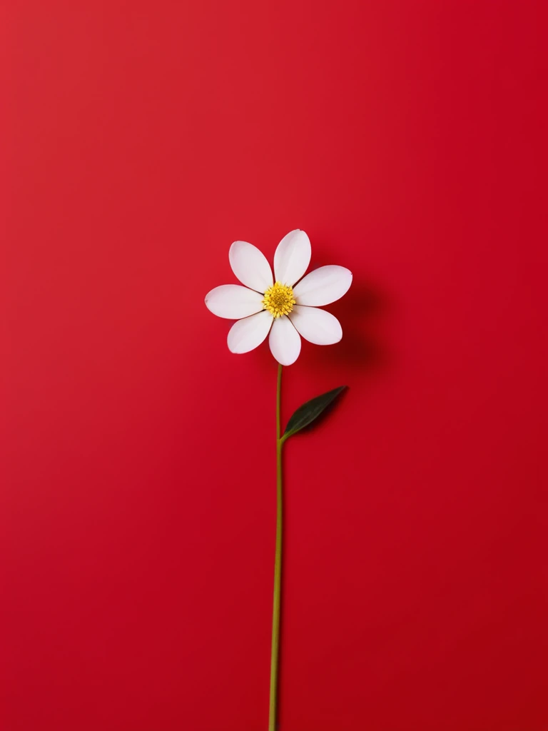 1 small white flower on a solid red background,50%White Space