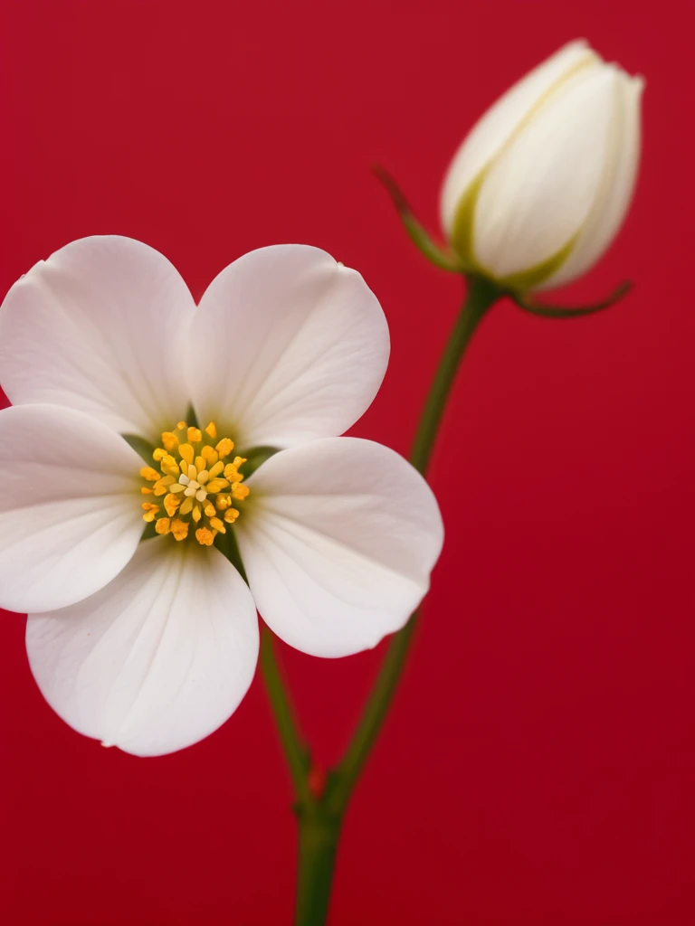 1 small white flower on a solid red background,50%White Space