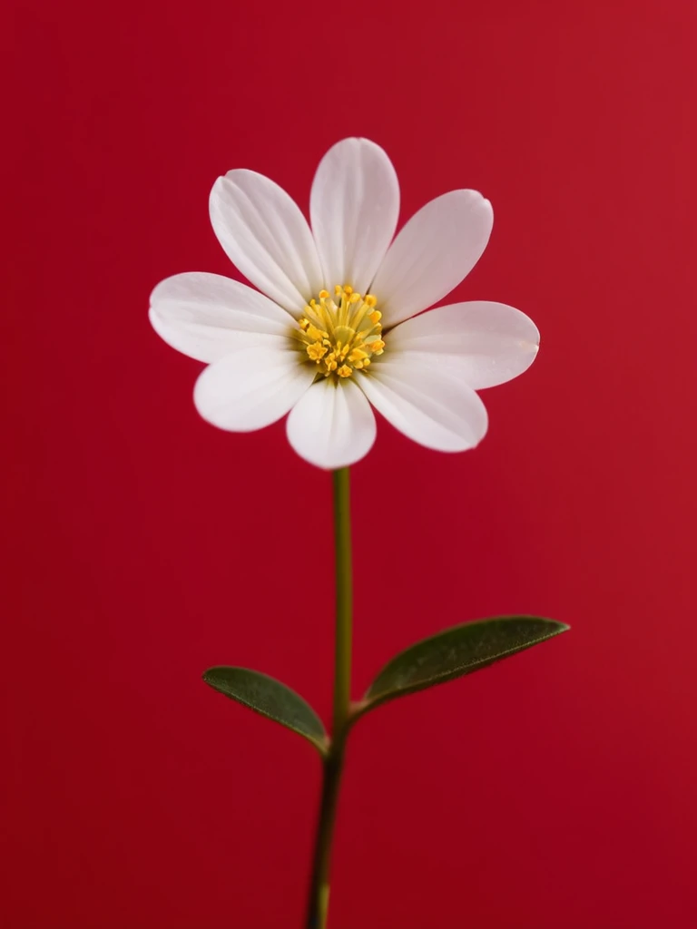 1 small white flower on a solid red background,50%White Space