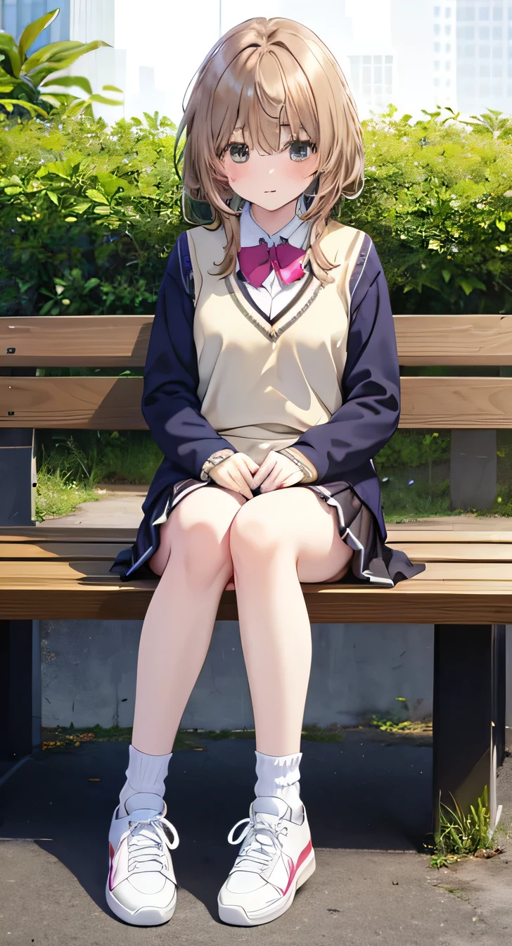 Highest quality, masterpiece, High resolution, (Head to Toe full body), front, frontComposition from slightly below, Symmetric, Tall 18 year old girl, alone, (Head to Toe), (Small breasts), Unkempt brown hair, bangs, (sneakers),(socks) (Sit with your legs apart), (Crouching pose), (Sit on a bench with your legs spread), (M-shaped feet),、 Thin legs, Very beautiful tall 18 year old girl, (), blush, Shy big eyes, Looking into the camera, blazer uniform, Checkered Pleated Skirt