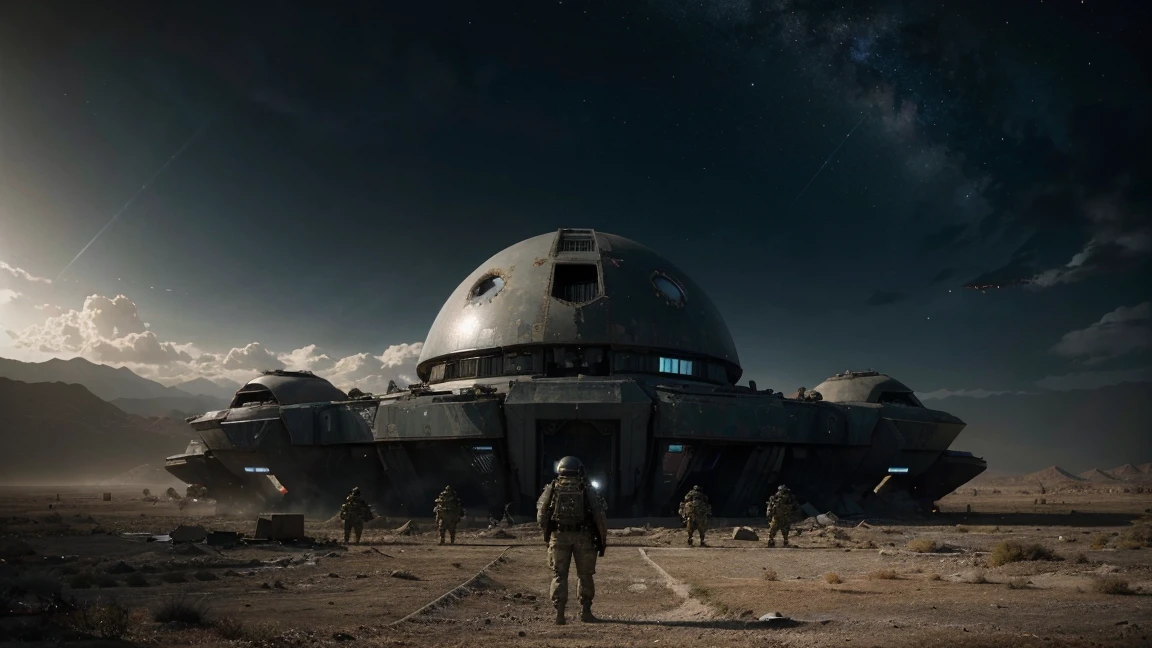 The first frame presents an impressive panorama of a distant world, enveloped in the boundless expanses of space.. planet, devastated by war, represents a gloomy landscape - smoky sky., Desert Terrain, and the remains of destroyed buildings, weaving a story of devastation. С Unreal Engine, We continue, providing hyper-realistic visual effects. Camera pans in, offering a closer look at a group of soldiers ready for battle, fully closed futuristic helmets. Dressed in full military gear, the group is united, preparing for an alien threat invasion. They form a fortified line, tell me one