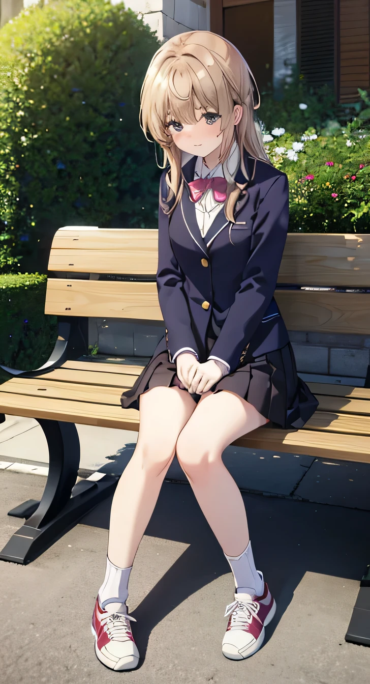 Highest quality, masterpiece, High resolution, (Head to Toe full body), front, frontComposition from slightly below, Symmetric, Tall 18 year old girl, alone, (Head to Toe), (Small breasts), Unkempt brown hair, bangs, (sneakers),（socks） (Sit with your legs apart), (Crouching pose), (Sit on a bench with your legs spread), (M-shaped feet),、 Thin legs, Very beautiful tall 18 year old girl, (), blush, Shy big eyes, Looking into the camera, blazer uniform, Checkered Pleated Skirt
