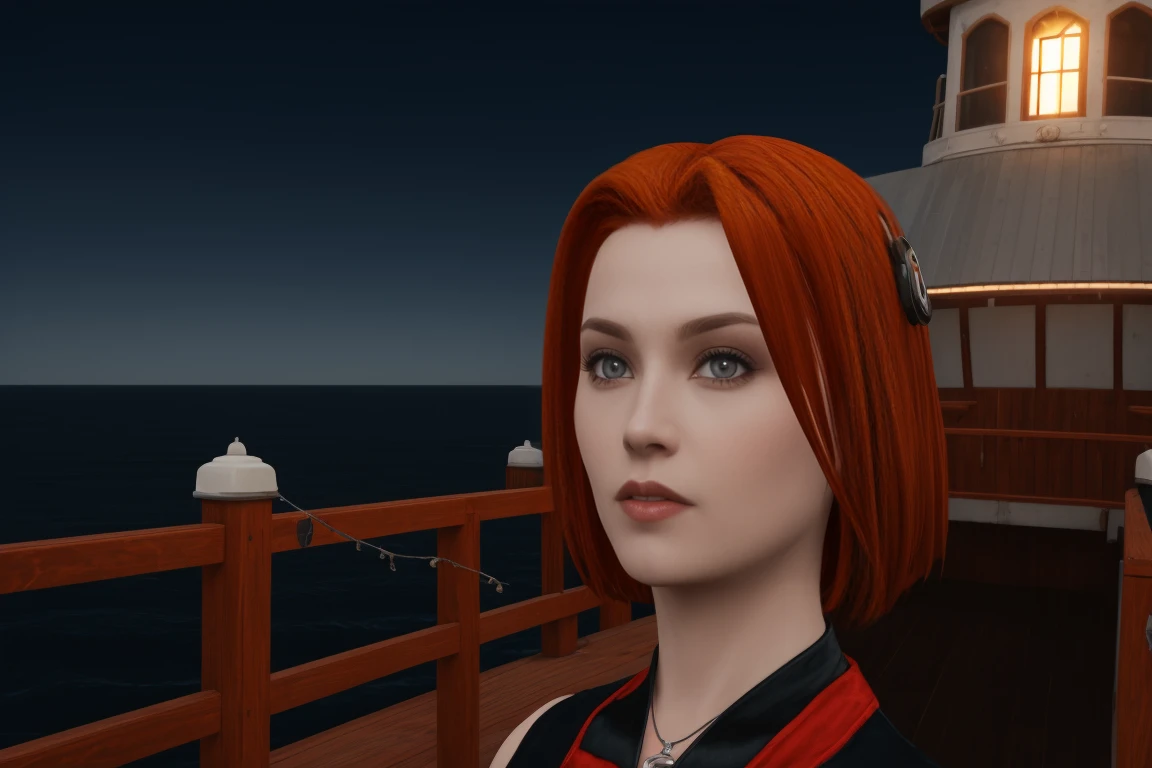 A stunning female rayneclassic stands poised on the weathered deck of a majestic ship at night in Miami. Her porcelain skin glows softly, illuminated by the warm light of the loghthouse. Delicate features and raven tresses frame her enigmatic smile as she gazes out to sea, the wind gently tousling her locks, (((wearing short skirt with long cloak and high boots, medium breasts, cleavage,))), short red hair, looking at the viewer, smiling, closeup portrait, good hands, short hair, red hair,rayneclassic