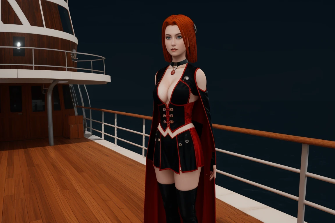 A stunning female rayneclassic stands poised on the weathered deck of a majestic ship at night in Miami. Her porcelain skin glows softly, illuminated by the warm light of the loghthouse. Delicate features and raven tresses frame her enigmatic smile as she gazes out to sea, the wind gently tousling her locks, (((wearing short skirt with long cloak and high boots, medium breasts, cleavage,))), short red hair, looking at the viewer, smiling, closeup portrait, good hands, short hair, red hair,rayneclassic