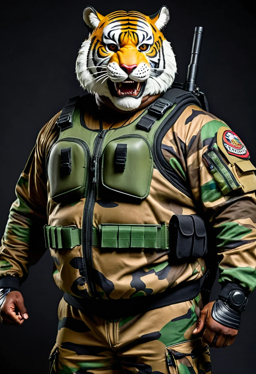 (a dark-skinned fat muscular bearded old man in a bulky army camouflage zipper diver suit) saluting, (wearing realistic roaring siberian tiger mask) and carrying a rifle on his back, muscular, Basuki Abdullah, sumatraism, action, a character portrait, heroic, fierce, snarling