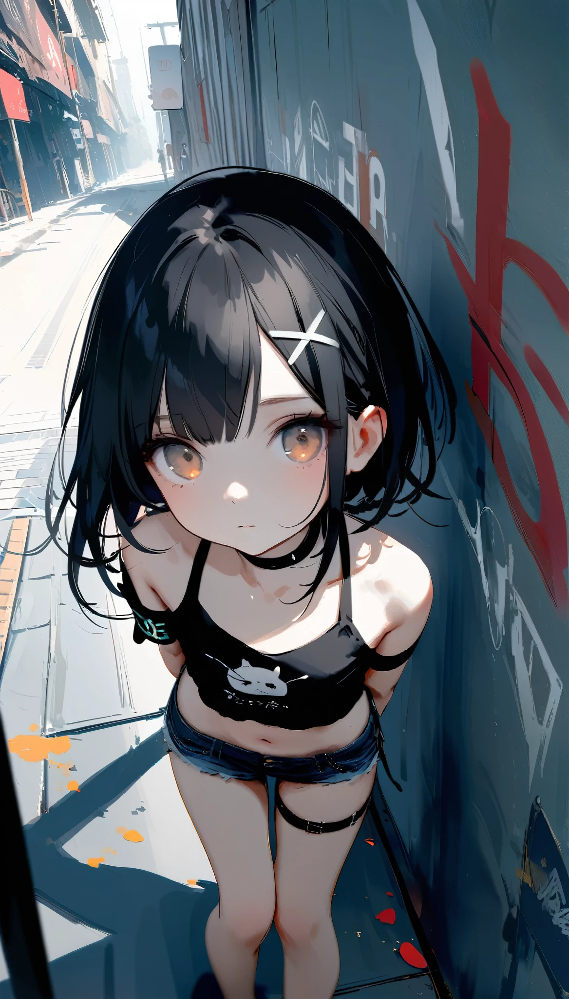 [artist:ningen_mame],[artist:sho_(sho_lwlw)],[artist:mignon],[artist:kedama milk],[artist:ask_(askzy)],artist:wanke,artist:wlop,artist:fujiyama,year 2024,8k,1girl,(Miyu Edelfelt),black hair,brown eyes,small chest,x hair ornament, solo, (loose clothes),crop top, denim shorts, choker, graffiti paint splatter, arms behind back, (slouching), (bent over), wall, looking at viewer, armband, thigh strap, streaked hair, paint on body, upturned eyes, head down, head tilt, (from above:1.3), bored,expressionless