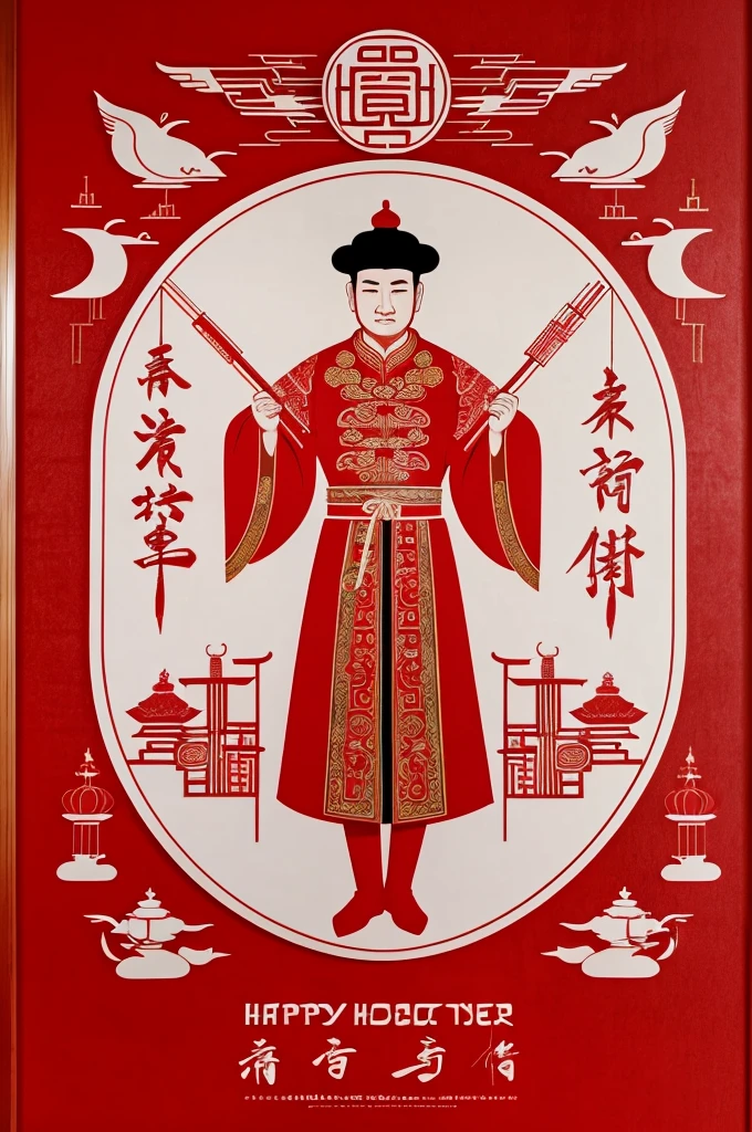 Kitchen God,God of Wealth,Door God,Chinese style,Traditional paper cutting,New Year Pictures,Red hue,symmetry,geometry,Folklore,中国Door God,poster,flat,HD