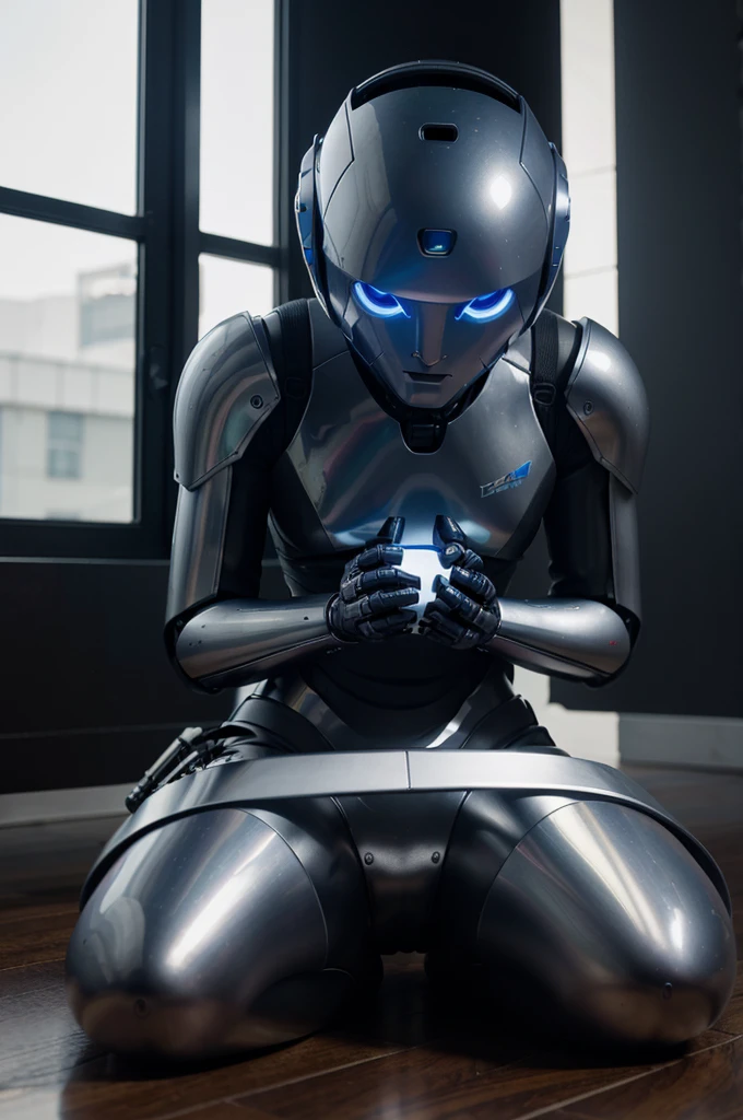 A detailed image of a robot, sitting on the floor, holding a laptop computer, humanoid design, metallic body, blue LED eyes, sleek and modern appearance, high-resolution, photorealistic, soft and natural lighting, realistic textures on the coat and backpack, high resolution and image quality, vibrant colors and well-defined contrast, against a 100% white background
