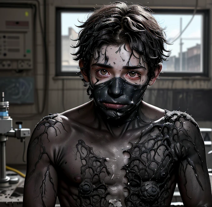 A boy covered in soot and left in tatters after an explosion in a science lab in a comedy drama