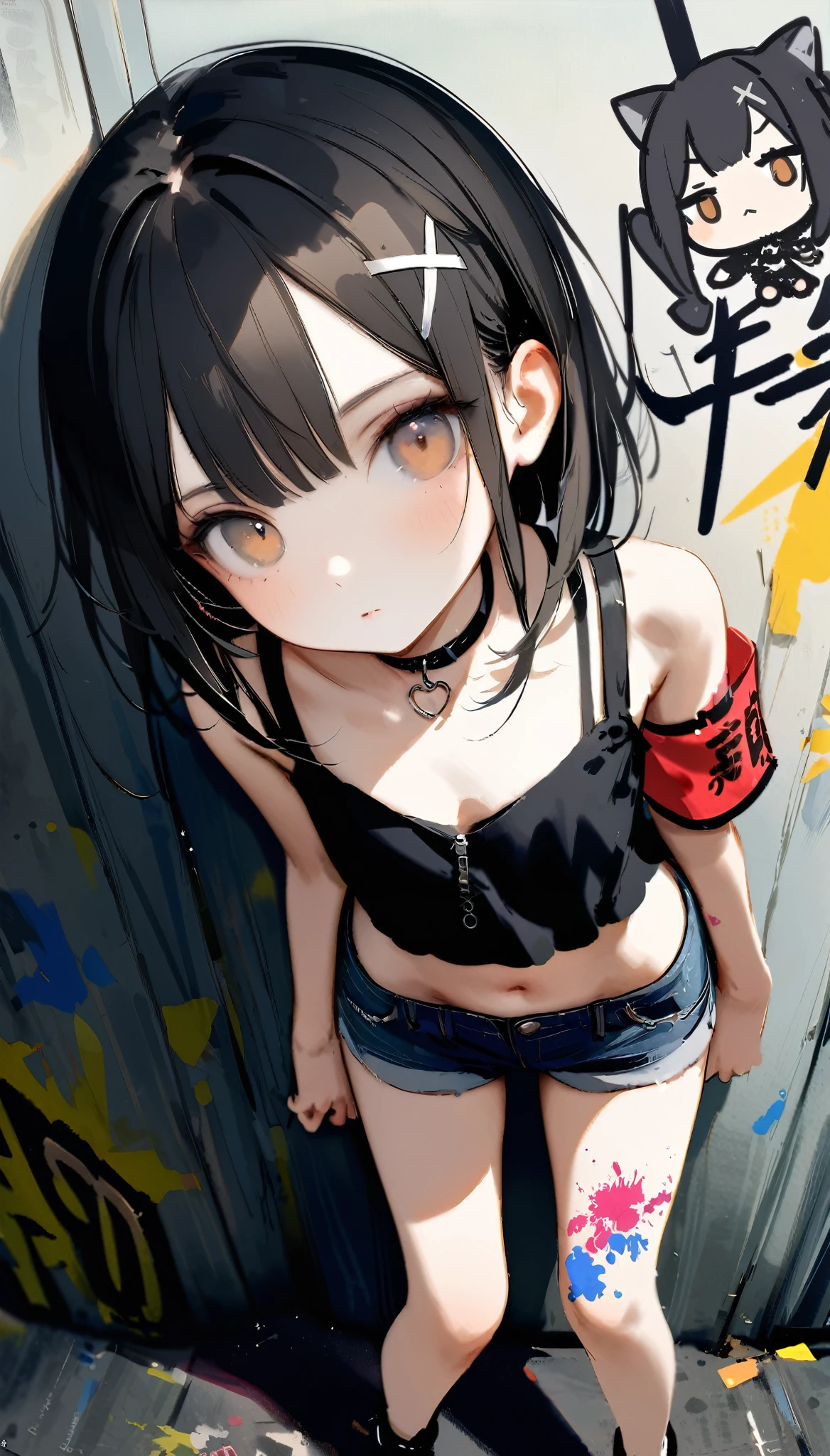 [artist:ningen_mame],[artist:sho_(sho_lwlw)],[artist:mignon],[artist:kedama milk],[artist:ask_(askzy)],artist:wanke,artist:wlop,artist:fujiyama,year 2024,8k,1girl,(Miyu Edelfelt),black hair,brown eyes,small chest,x hair ornament, solo, (loose clothes),crop top, denim shorts, choker, graffiti paint splatter, arms behind back, (slouching), (bent over), cleavage,wall, looking at viewer, armband, thigh strap, streaked hair, paint on body, upturned eyes, head down, head tilt, (from above:1.3), bored,expressionless