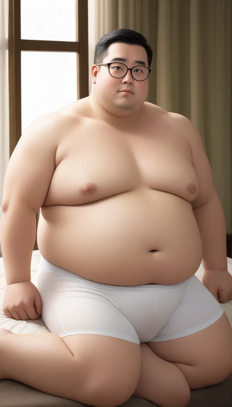 A fat man，Big eyes，Black round glasses，short hair，Round inches，Big round face，Very large and well-developed chest muscles，Big full belly，Sitting on the bedside with glass window curtains，The upper body is bare，Wearing briefs with bulge in the crotch，Oriental male，Full body front view