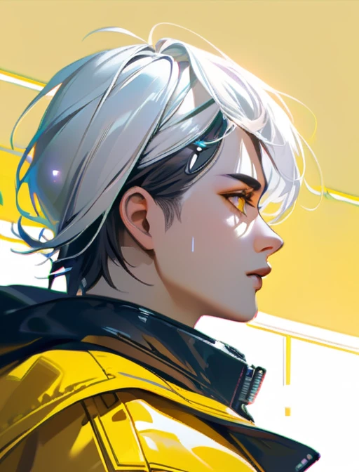 Cyberpunk,hyperrealistic, 1 boy with black and white hair,Profile,yellow background, yellow eyes