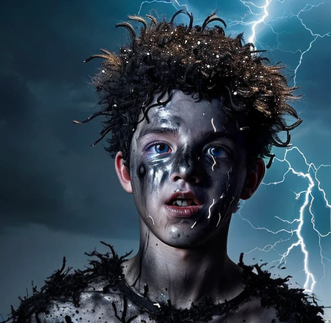 A boy is electrocuted in a comedy drama, covered in soot and left in tatters after being struck by lightning.