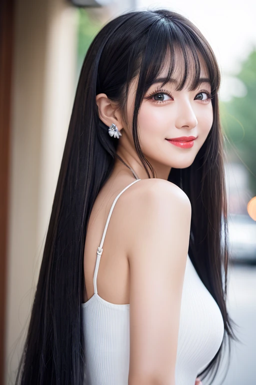 (((True Beauty))),  Black Hair、folder、Round eyes、False eyelashes、Straight hair, Wavy Hair、correct、Deep Red Lipstick、Striped Hair、Brown Hair、Blue Hair、(Gradient Hair)、Asymmetrical Hair、Hair behind the ear、Crossed bangs、Long Hair、((お尻までLong Hair))、Long Hair、Smooth, Silky Hair、Hair up on one side、とんでもなくLong Hair、Light brown eyes、Ring Eye、Round eyes、Wicked Smile、A light smile、Cast a Shadow、(Extraordinary presence)、Atmospheric perspective、Backlight、Exposure、Lens flare、、最high quality、超High resolution、超High resolution、Very realistic, masterpiece、correct、Textured skin、high quality、最high quality、Awards、32k, 髪のfolder、Crafty、B Cup 、bold、（A light smile）、Embarrassed laugh、Redness in the ears、correct、Shine、360° View、Very detailed、超High resolution、解剖学的にcorrect、masterpiece、Accentuate your breasts、High resolution、High detail、Long eyelashes、A slight blush、Compensate,I&#39;I don't want to wear clothes、 (((Full Body Shot)))、（((Roll up your hair))）、Seductive pose、Shooting from a distance、Different angles of view、Waist height 、Hair blowing in the wind、（Navel exposed 1.3），Skin-colored transparent forceps，（(Black transparent pantyhose 1.5)），(Straighten your legs)， jewelry, Night view, Standing Big Earrings，Top Glitter