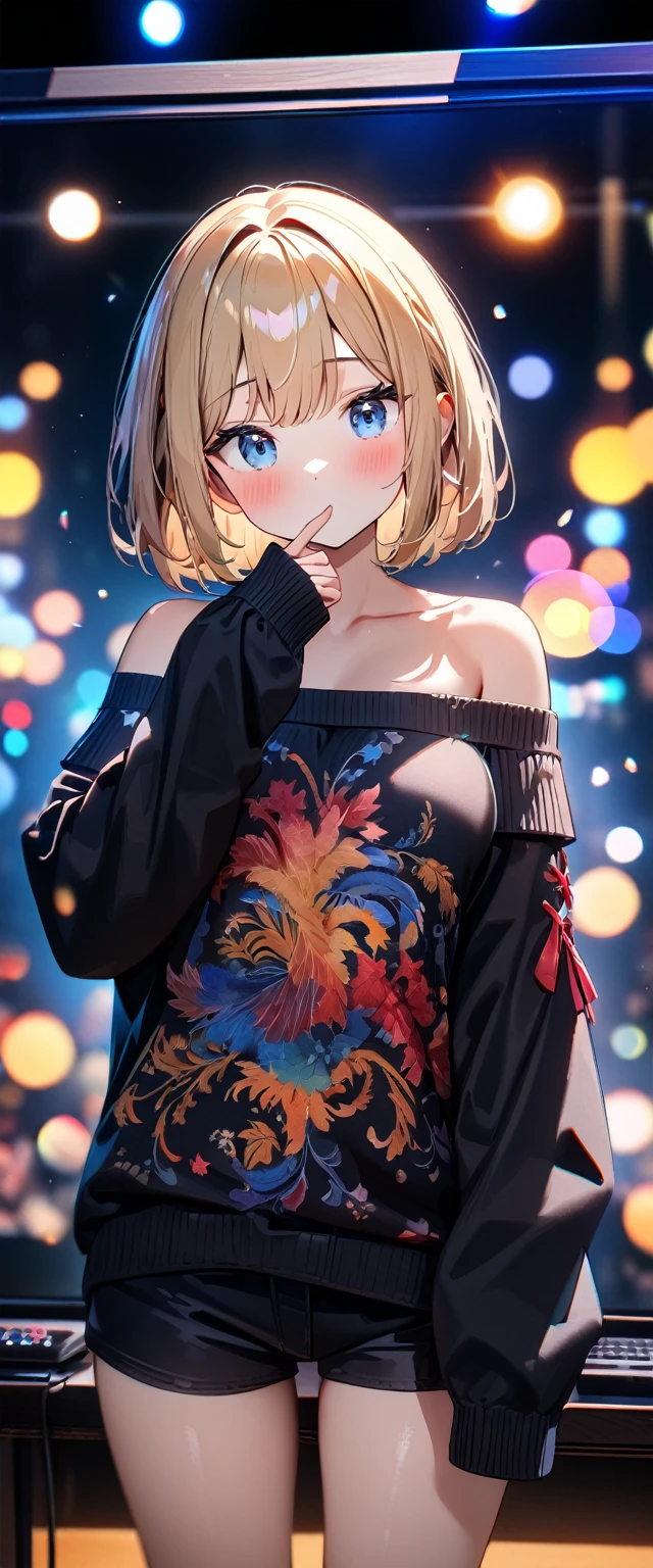 (((One girl))), blond hair, bob cut, breasts, from front, (cowboy shot), (looking at viewer), ((black shorts)), ((off-shoulder black sweater)), index finger to own mouth, arm at side, face in focus, ager, head tilt:1.3, (((blue eye))), ((no mouth)), ((blush)), ((sleeves past wrists)), anime style, (best quality, 4k, 8k, highres, masterpiece:1.2, ultra-detailed, ultra-detailed eyes, HDR, UHD, studio lighting, ultra-fine painting, sharp focus, physically-based rendering, extreme detail description, professional, vivid colors, bokeh)