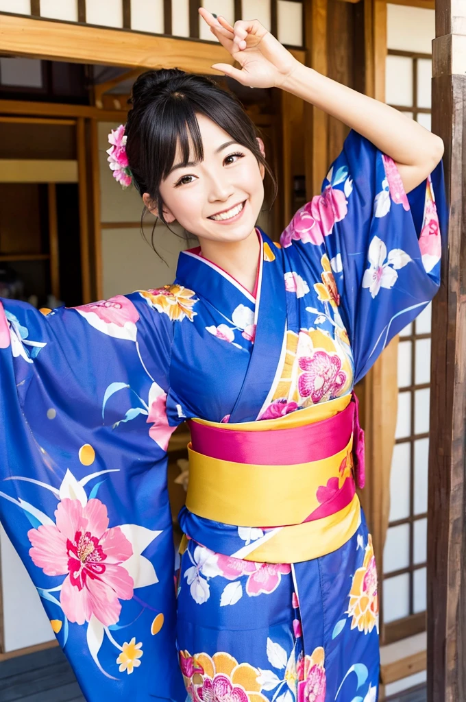 A beautiful smiling woman in a kimono greets people with a cheerful "Good morning" as she dances with her arms open under the blue sky