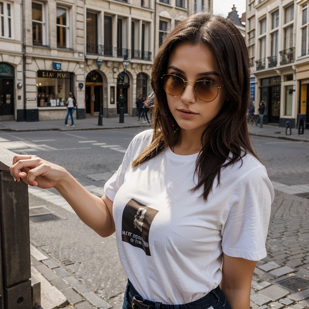Give me image of the woman, alone, in Ghent, with sunglasses, posing as a model, with a shirt that highlights your curves