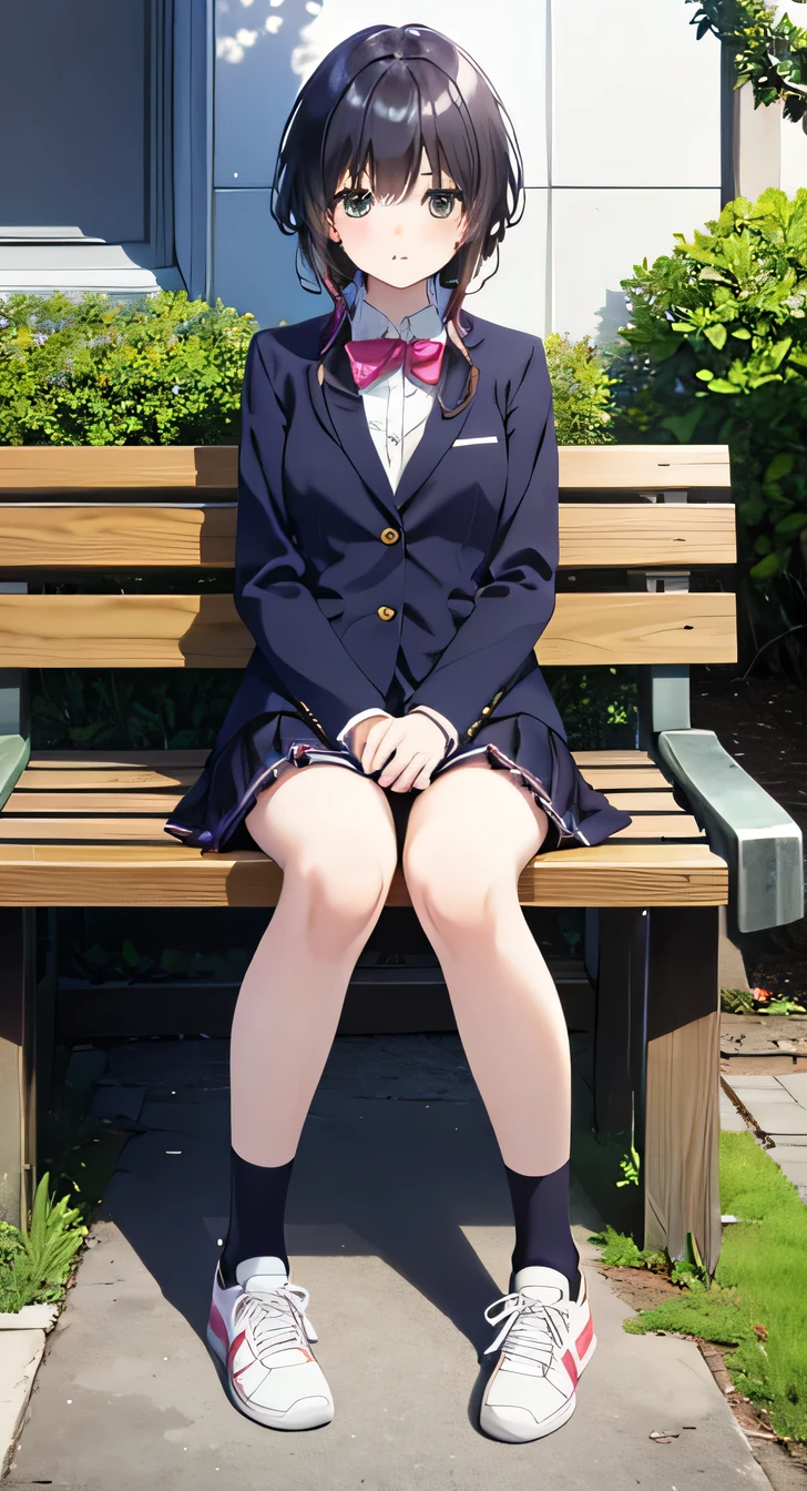 Highest quality, masterpiece, High resolution, (Head to Toe full body), front, frontComposition from slightly below, Symmetric, Tall 18 year old girl, alone, (Head to Toe), (Small breasts), Black Hair, bangs, (sneakers),（socks） (Sit with your legs apart), (Crouching pose), (Sit on a bench with your legs spread), (M-shaped feet),、 Thin legs, Very beautiful tall 18 year old girl, (), blush, Shy big eyes, Looking into the camera, blazer uniform, Checkered Pleated Skirt