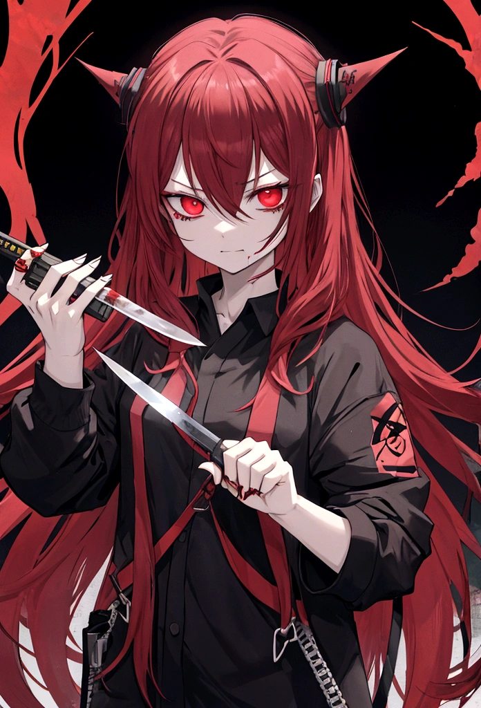 The image depicts a character, a sinister anime character with a cunning yet created aura. She is bloody, holding a knife and feeling deranged, resulting in anxiety and fear. The sight of ten at the same time is sexually exciting. Figure ragged but modern clothes in arcade, casual and street style. despite its dark nature, there is hidden beauty.